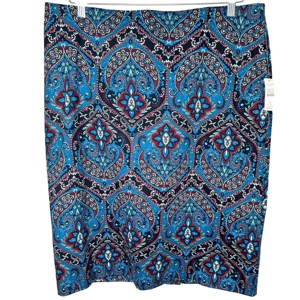 Talbots Pencil Skirt Women 14‎ Blue Paisley Cotton Blend Knee Length New